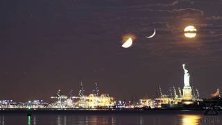 Three Moons and a Statue  A MoonStack Timelapse of the crescent moon half full and full moon [upl. by Nared885]