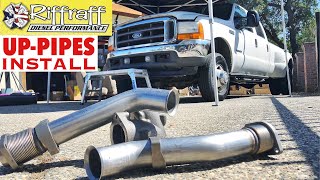 2001 F350 73  RiffRaff UpPipes Install  Stock up pipes leaking and falling apart JUNK SP [upl. by Archangel]